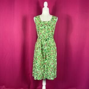 Vintage unbranded green floral print belted midi dress, size Large